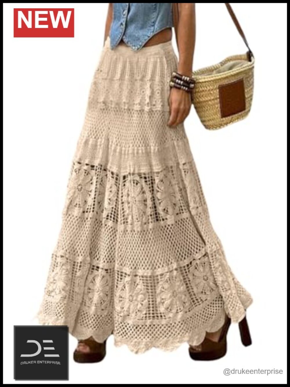 Western Floral Lace Crochet Knit Maxi Boho A-Line Eyelet Hippie Flowy Long Skirt
